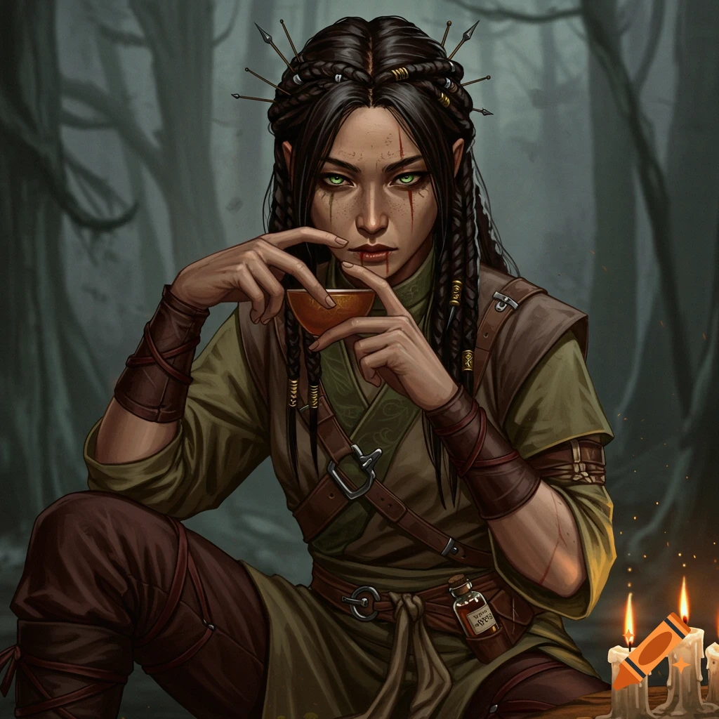 A dark-haired fantasy woman with braided hair, green eyes, and facial markings, crouches in a forest, holding a small bowl. Digital painting.