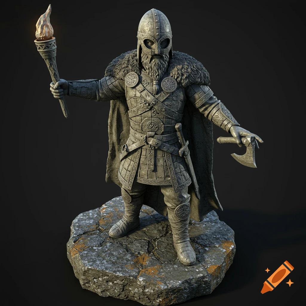 A detailed stone statue of a Viking warrior wearing intricate armor and a helmet, holding a lit torch and an axe, standing on a rocky base.