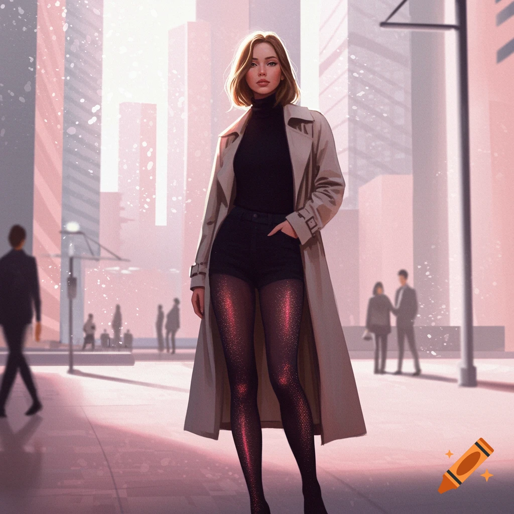 An illustration of a woman in a trench coat, black turtleneck, shorts, and glittery red tights on a city street with buildings.