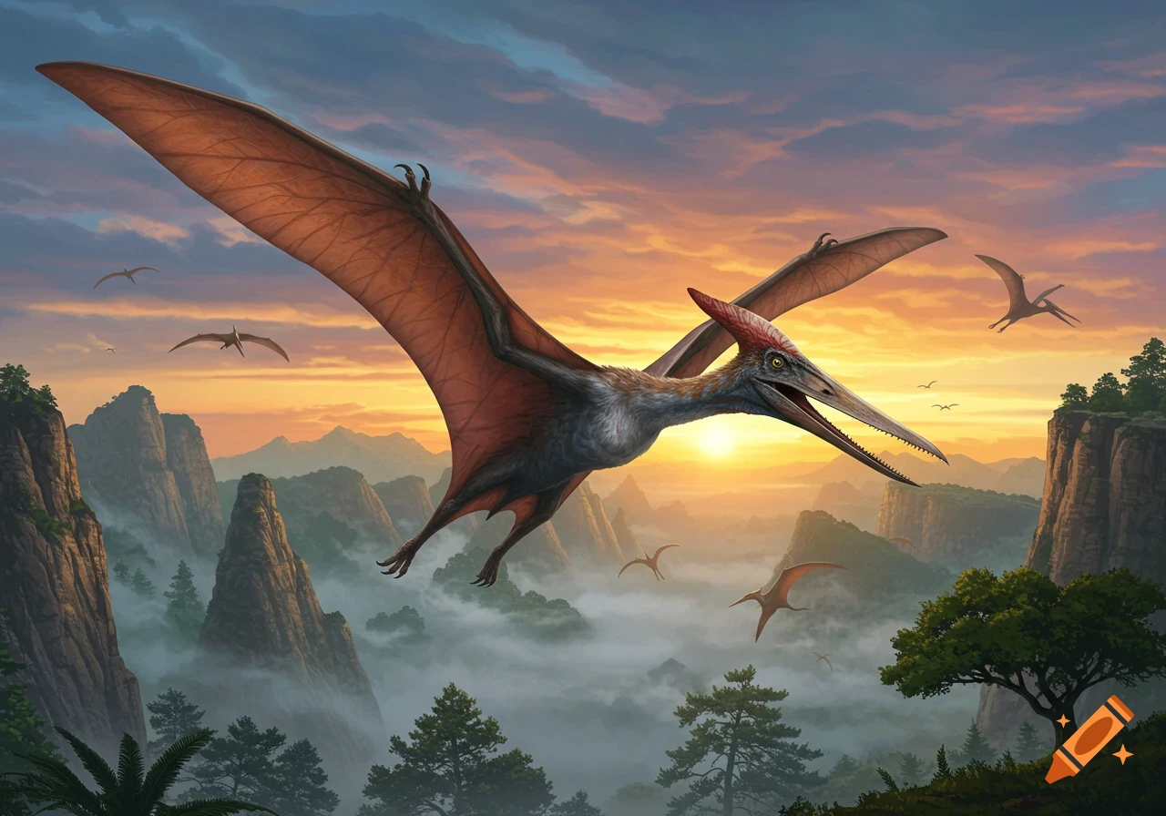 A large pterodactyl with a red crest and brown wings flies over misty mountains at sunset, with other pterodactyls in the distance.