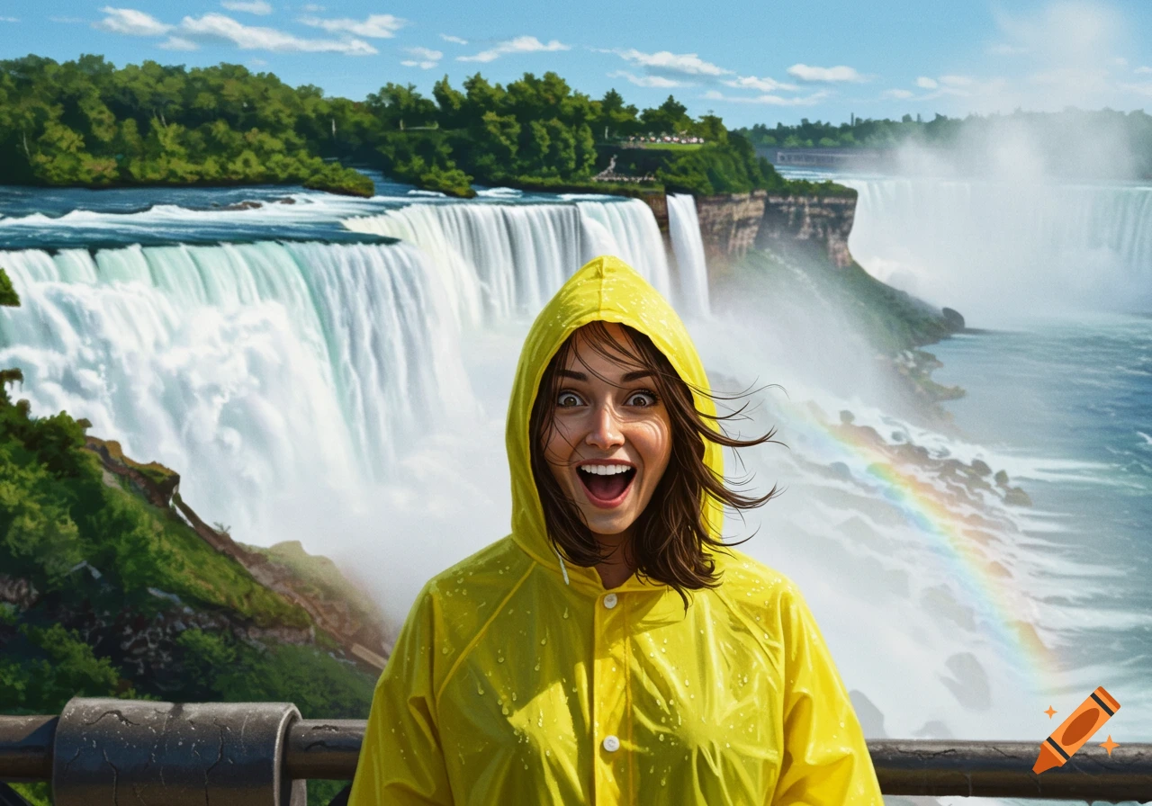 A surprised brunette woman in a yellow poncho stands thrilled before the misty Niagara Falls, with a rainbow visible.