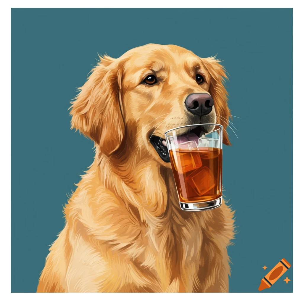 Stylized poster of a golden retriever holding a glass of iced tea with a plain teal background.