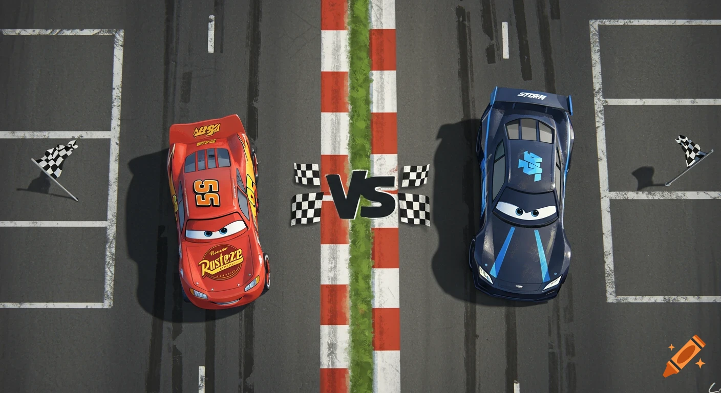 Overhead view of Lightning McQueen and Jackson Storm from Disney Pixar's Cars on a race track with a 'VS' sign between them, ready to race.