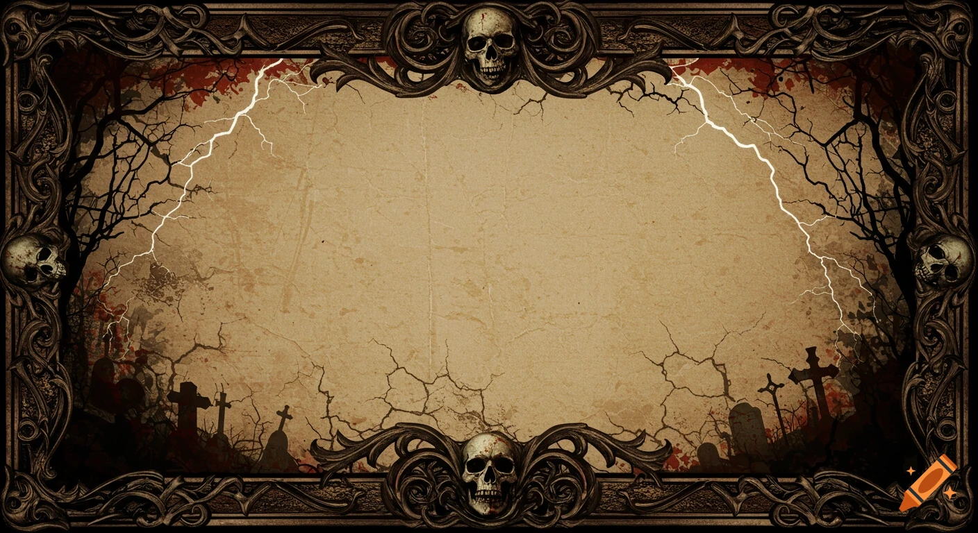 Dark gothic frame with ornate skulls, dead trees, lightning, and tombstones on a cracked, aged parchment background.