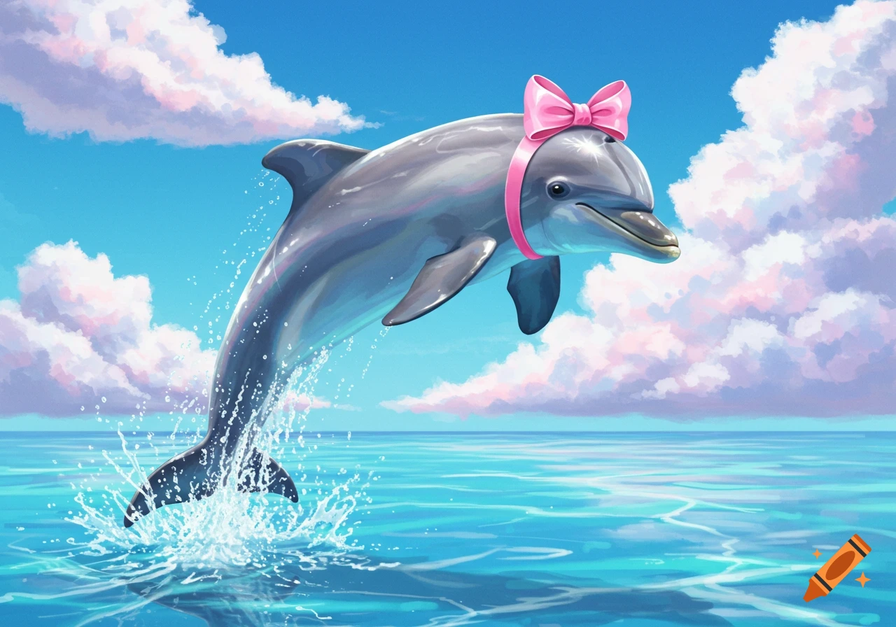 Illustrated dolphin with a pink bow jumping out of blue ocean water under a clear sky with pink clouds.