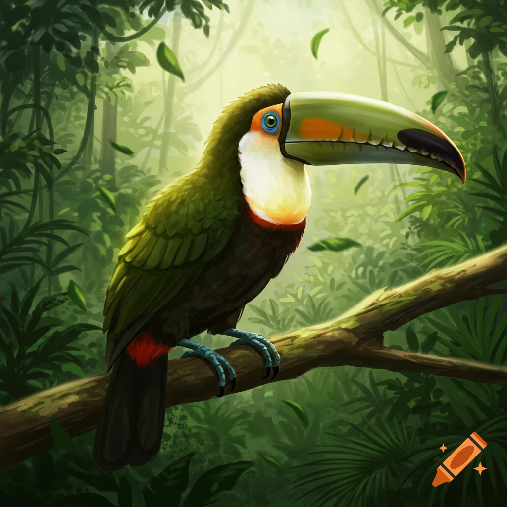 A colorful toucan with a large green and orange beak perches on a branch in a lush, green jungle.