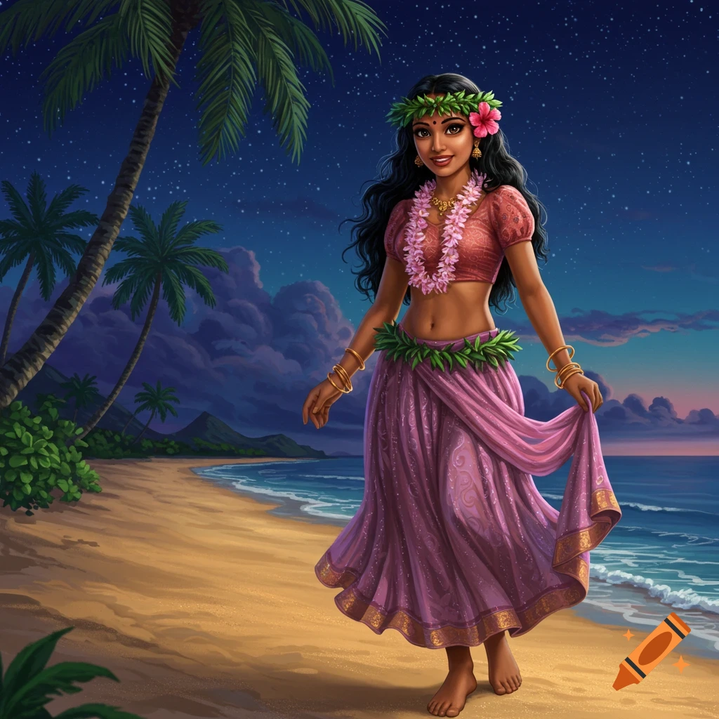A woman in traditional attire on a tropical beach at night, with palm trees and a starry sky.