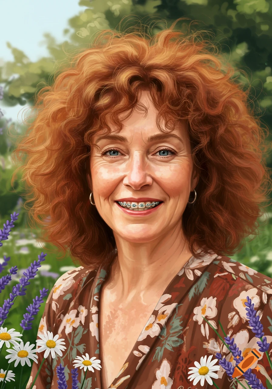 A smiling middle-aged woman with frizzy red hair and braces, wearing a floral dress, in a garden.