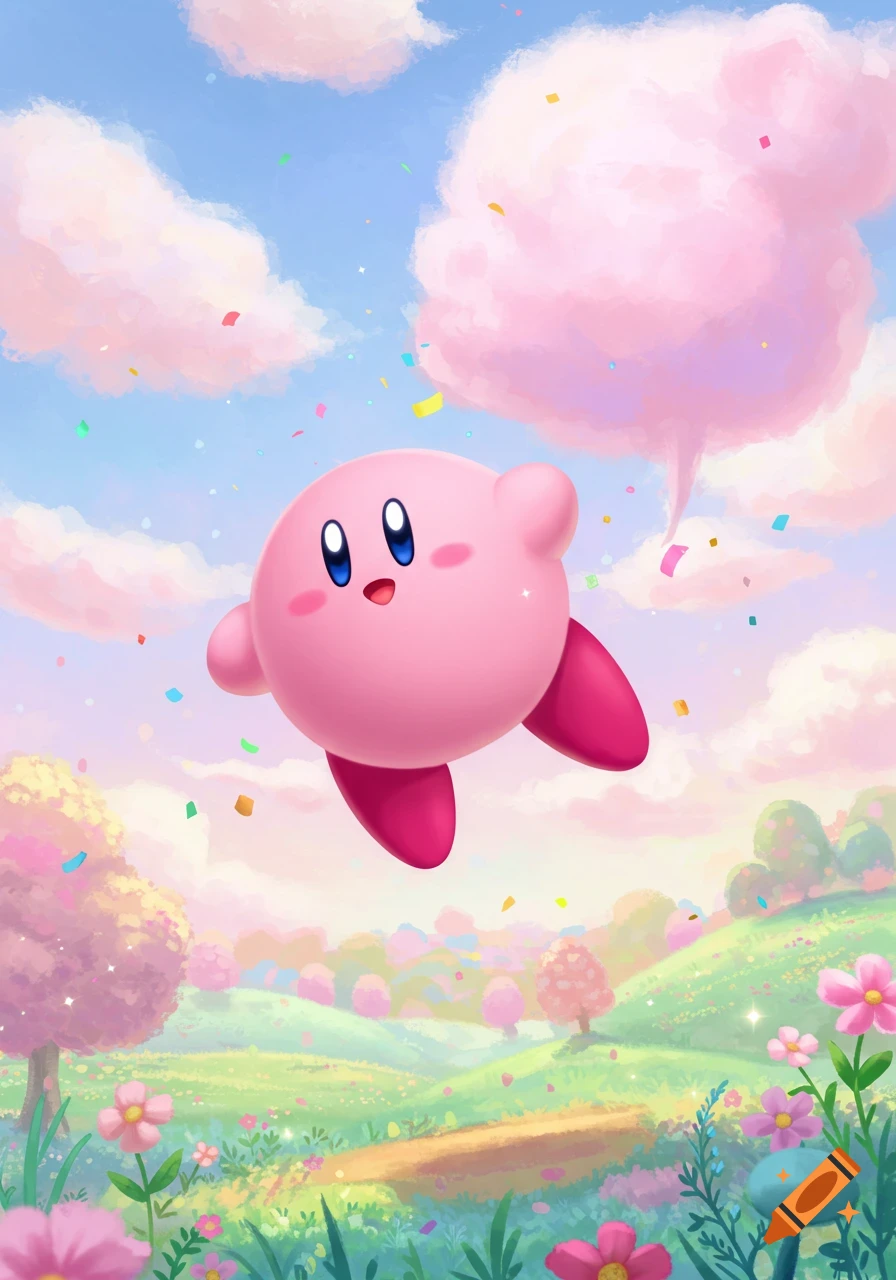 Pink cartoon character Kirby floats happily in a field of flowers under a blue sky with pink clouds and colorful confetti.
