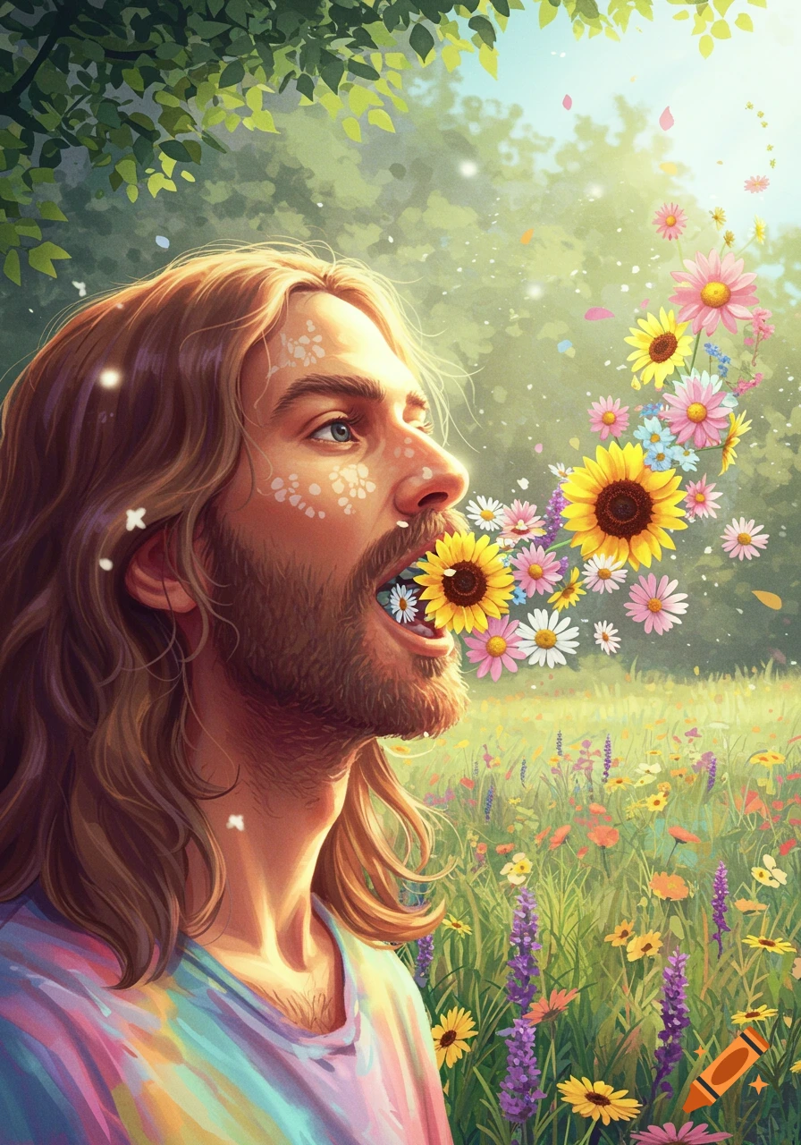 A man with long hair and a beard in a tie-dye shirt stands in a sunny field, with colorful flowers flowing from his mouth in an artistic style.