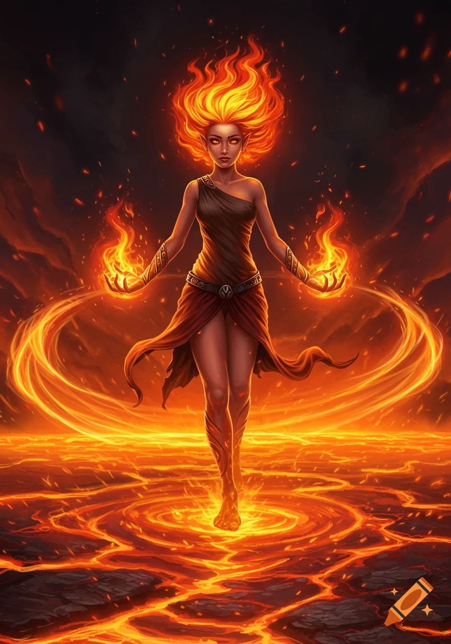 Fantasy art of a fire elemental woman with flaming hair and hands, standing on glowing lava.