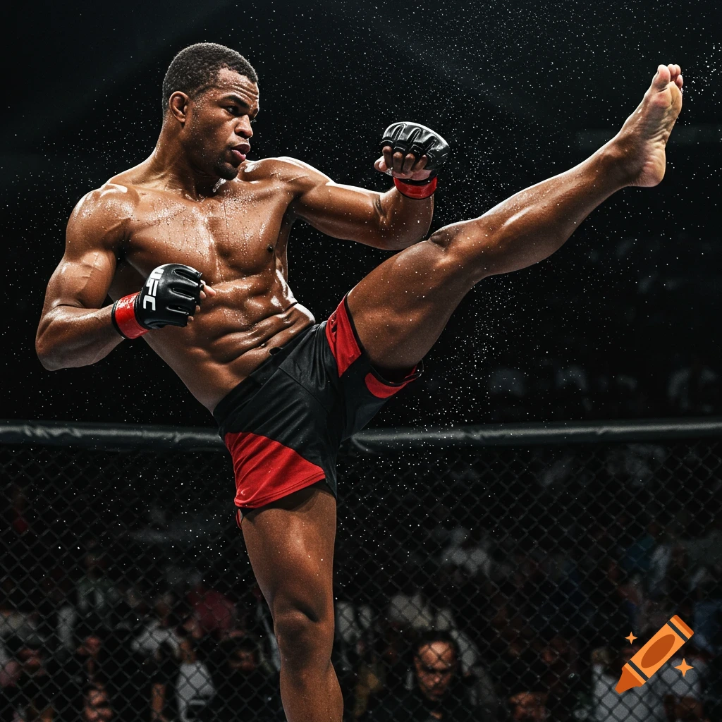 A muscular MMA fighter in black and red shorts throws a high front kick in a cage fighting ring, with sweat and water droplets flying.