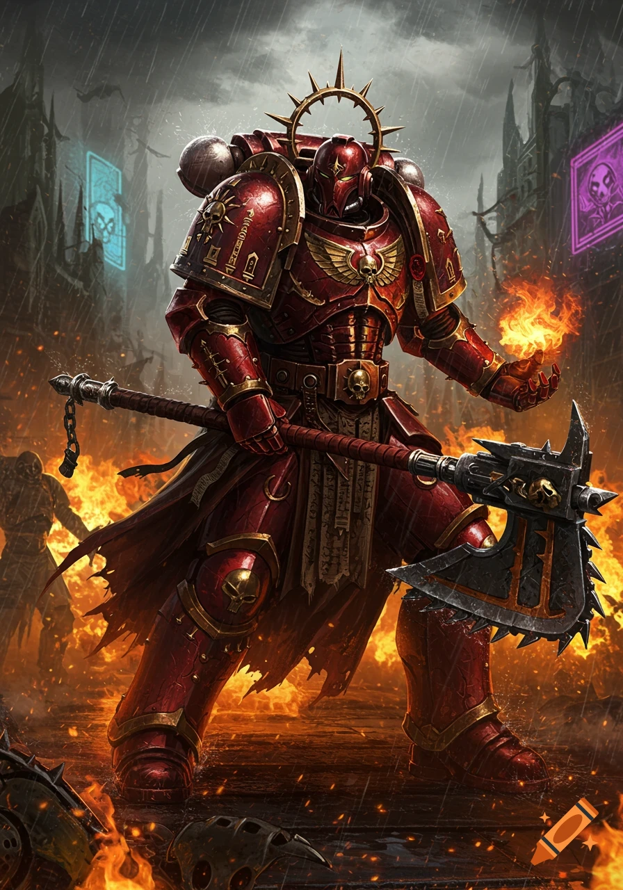 A heavily armored Warhammer 40k Zealot character in red power armor, holding a large axe and conjuring fire, stands in a rainy, war-torn city.