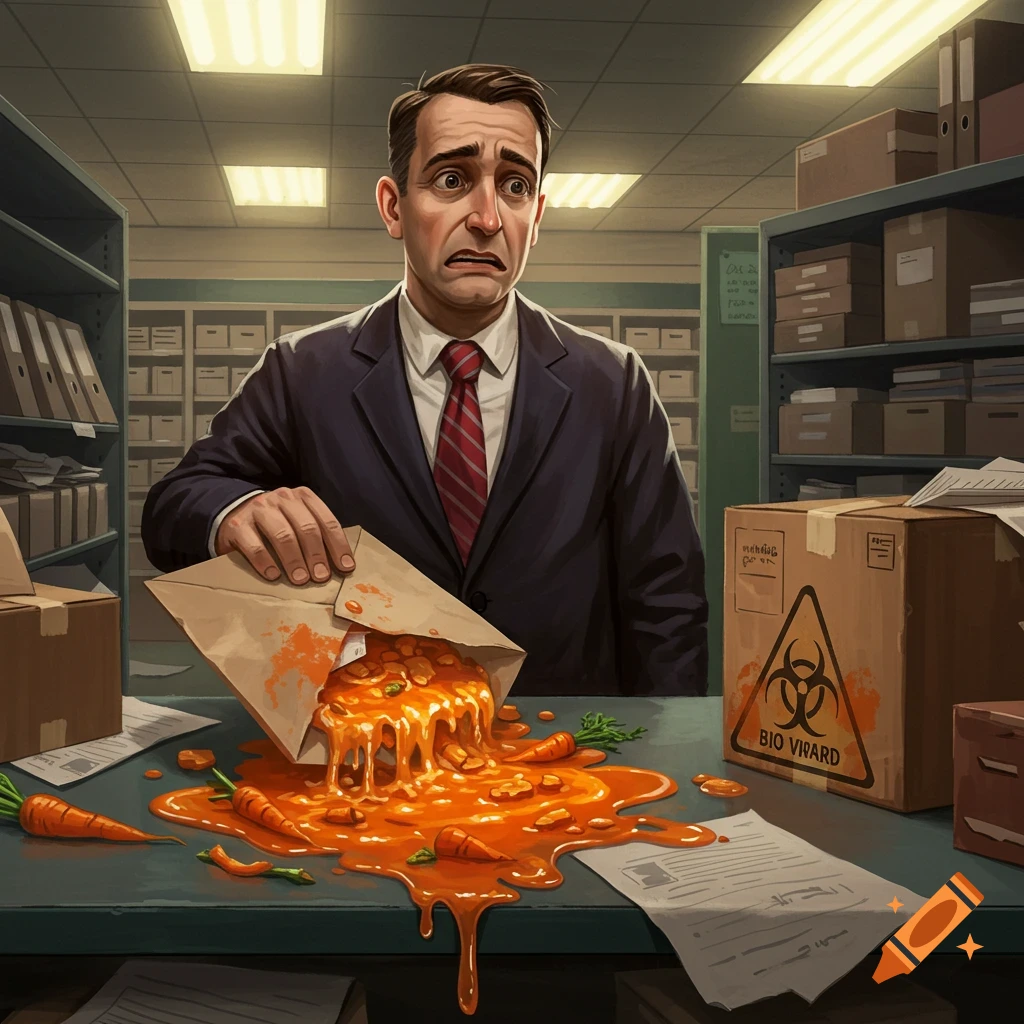 A distressed man in a suit spills a messy orange liquid with carrots from an envelope onto a mailroom counter, next to a box with a biohazard symbol.