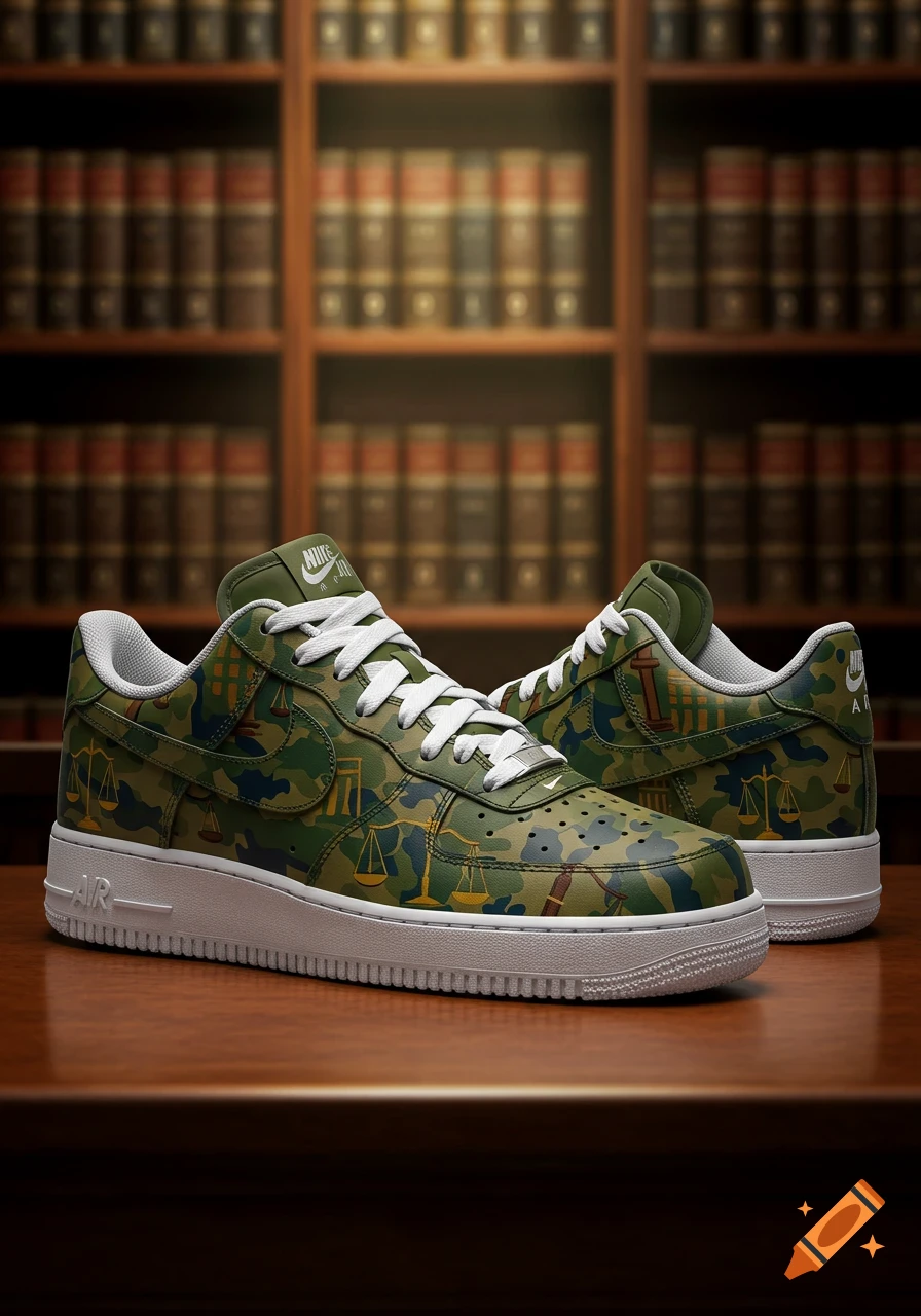 Photorealistic custom Nike Air Force 1 sneakers with green camo and law symbols on a wooden table in a library.