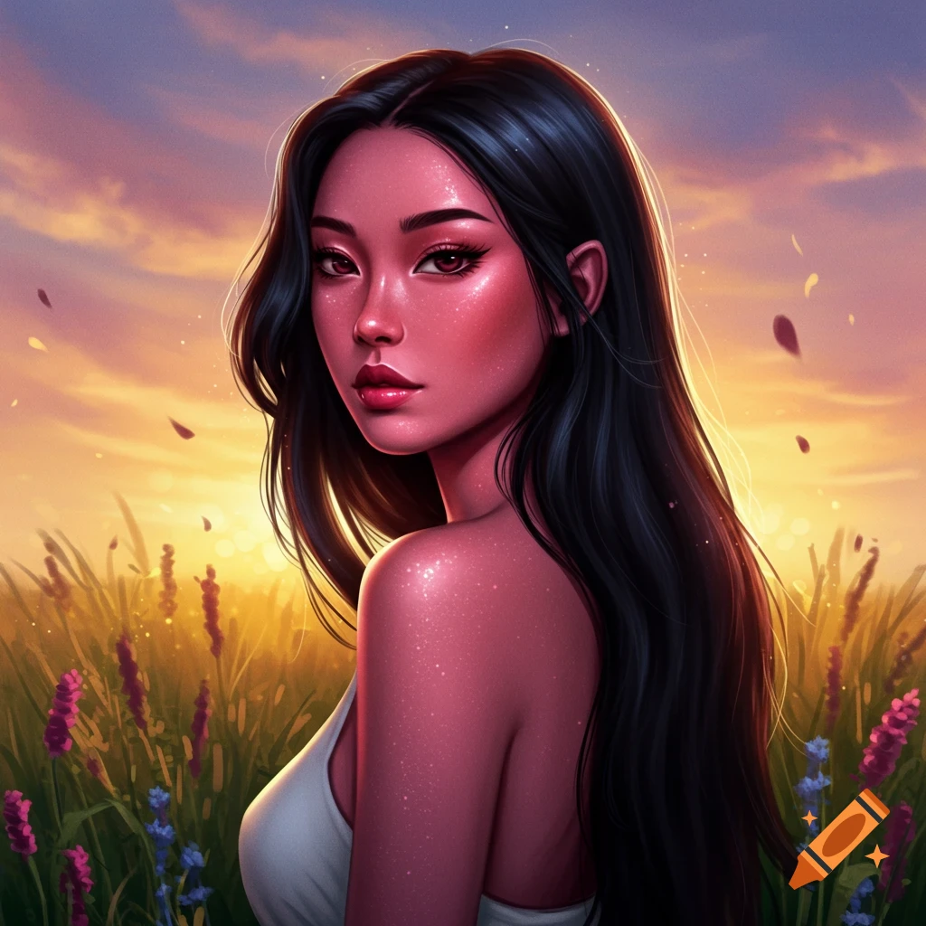 A digital art portrait of a young woman with pink skin and long black hair, looking over her shoulder in a field at sunset.