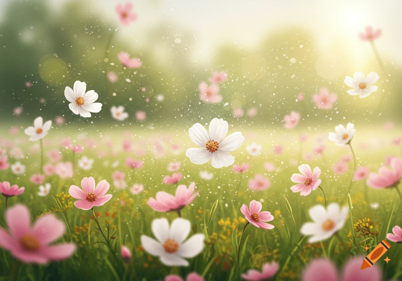 A dreamy field of white and pink flowers with some floating in the air, bathed in soft sunlight.