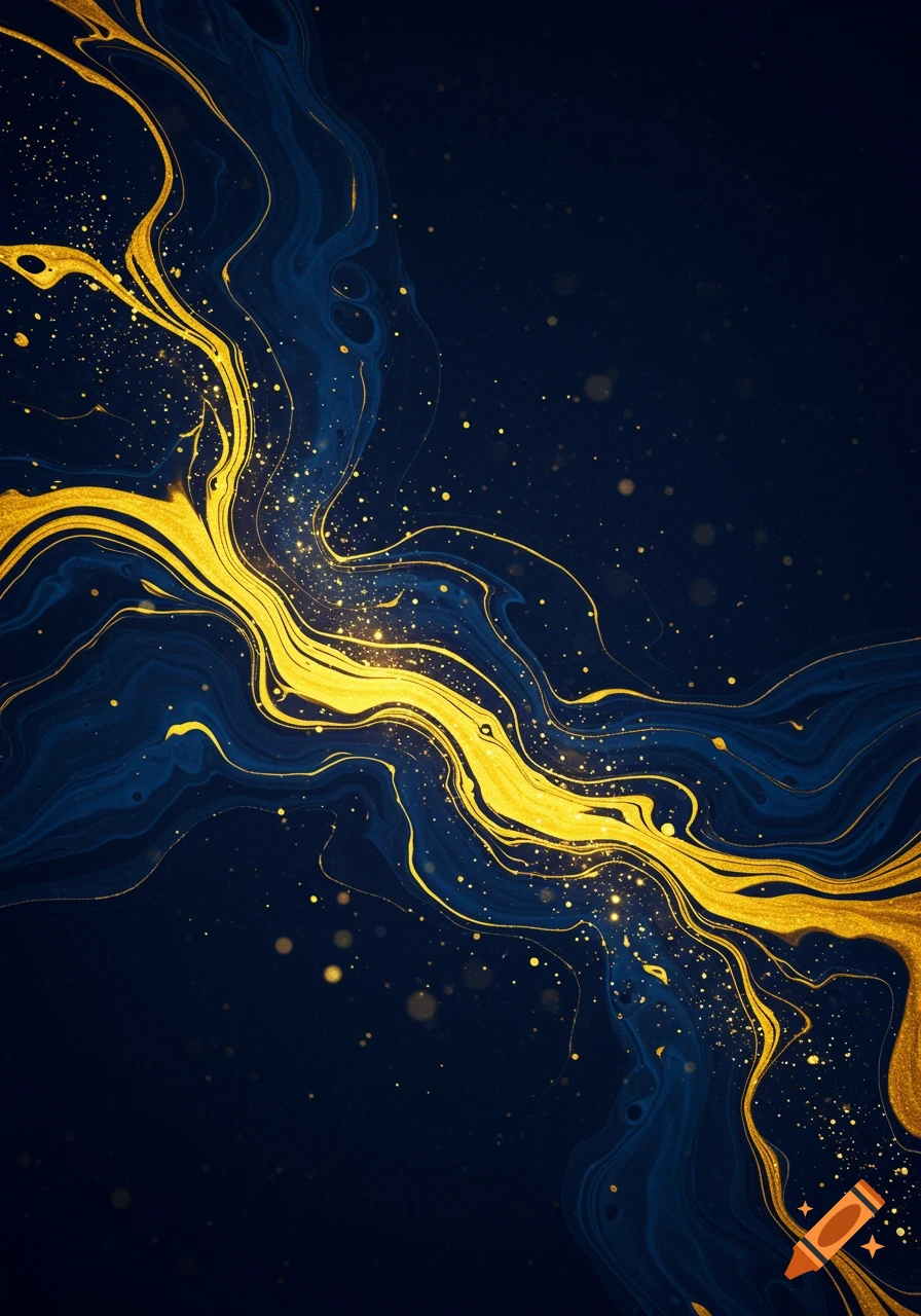 Abstract fluid art with swirling patterns of deep blue and shimmering golden yellow, resembling liquid marble.