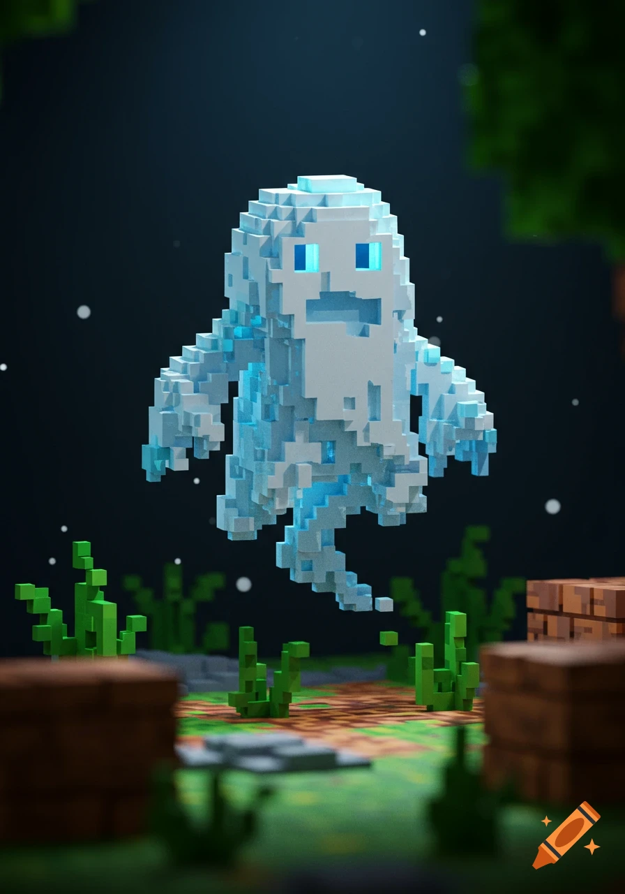 A 3D rendered pixel art ghost with glowing blue eyes floats above a blocky landscape at night.