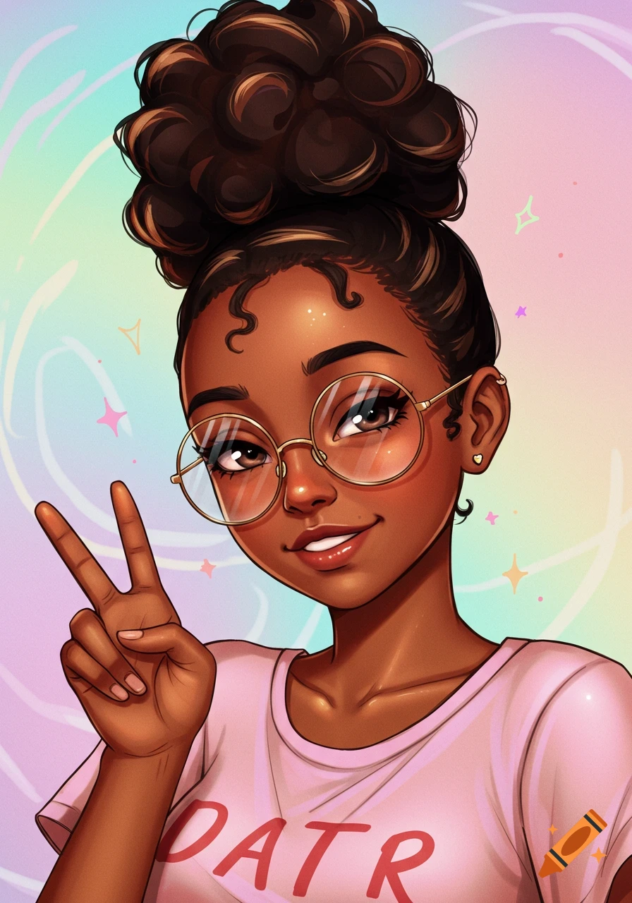 An anime-style portrait of a Black girl with dark skin, curly hair in a bun, and round glasses, smiling and holding up a peace sign.