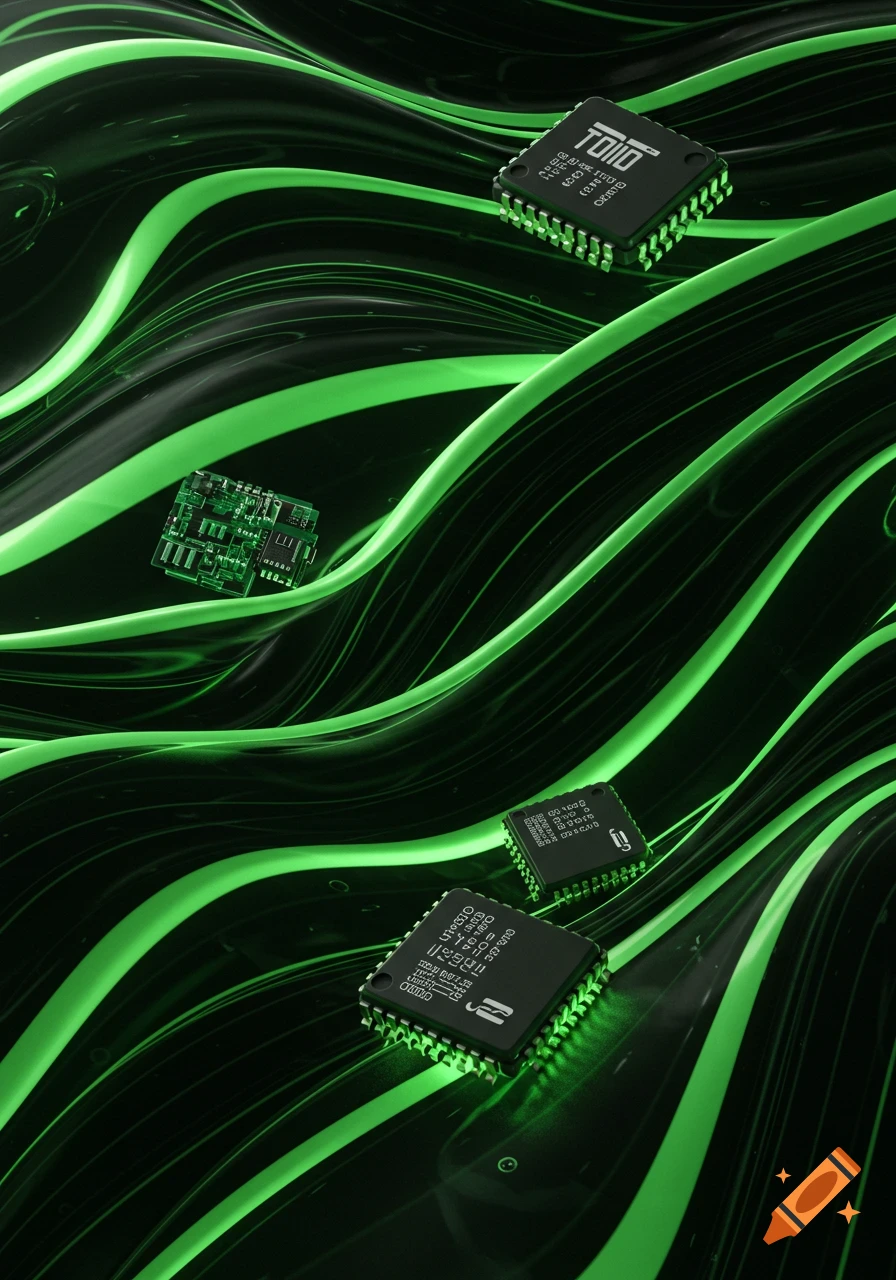 Abstract image with black and neon green flowing lines and several floating computer chips.