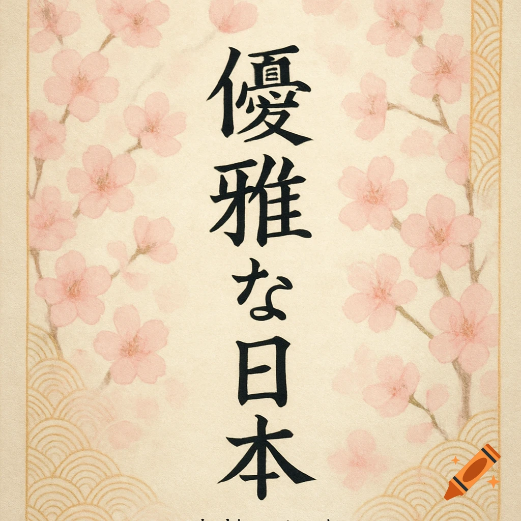 Japanese calligraphy for 'Elegant Japan' in black, surrounded by pink cherry blossoms on a light background, in a watercolor style.