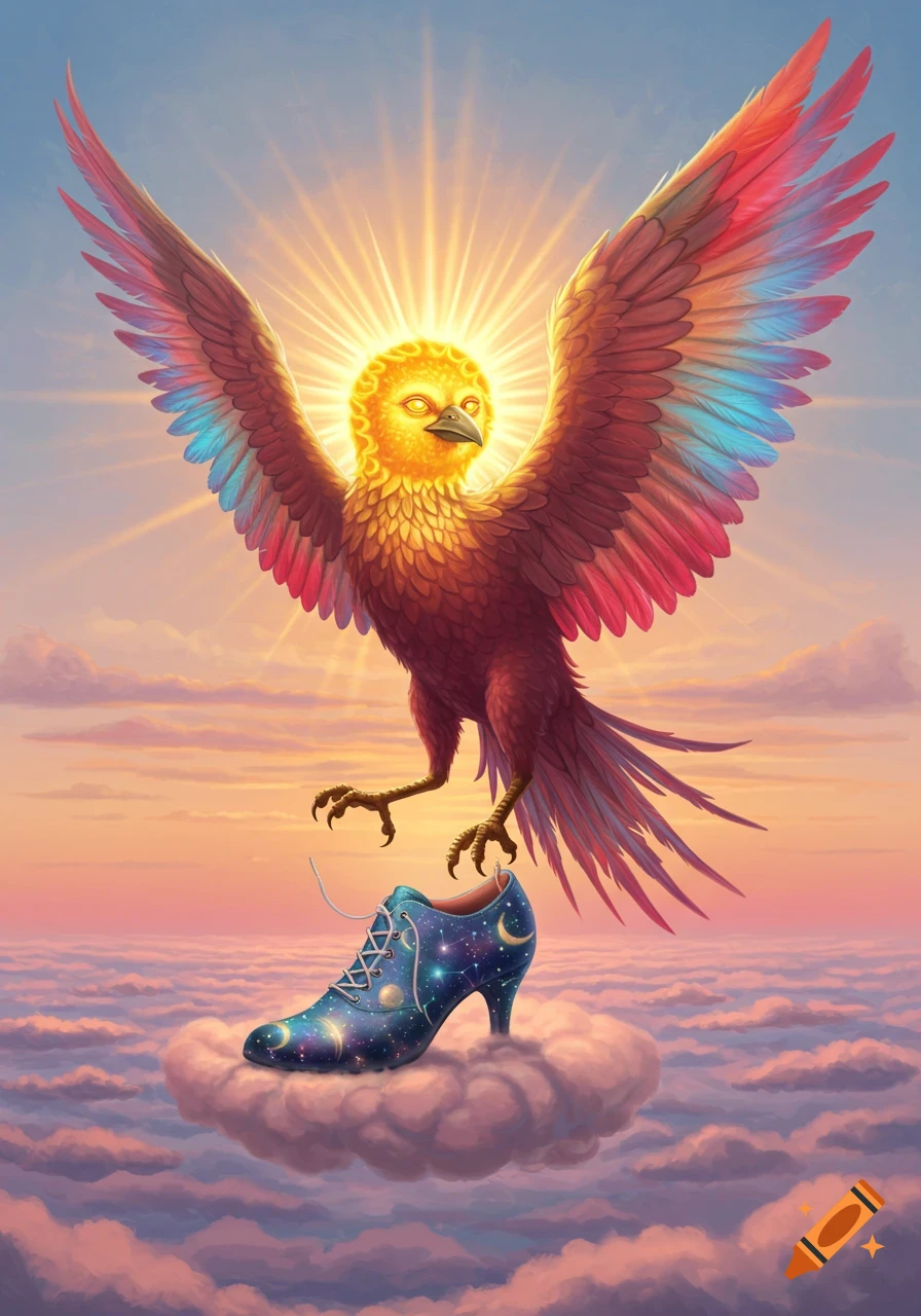 A vibrant sun-headed bird with colorful wings hovers over a celestial high-heeled shoe resting on a cloud in a pink and orange sky.