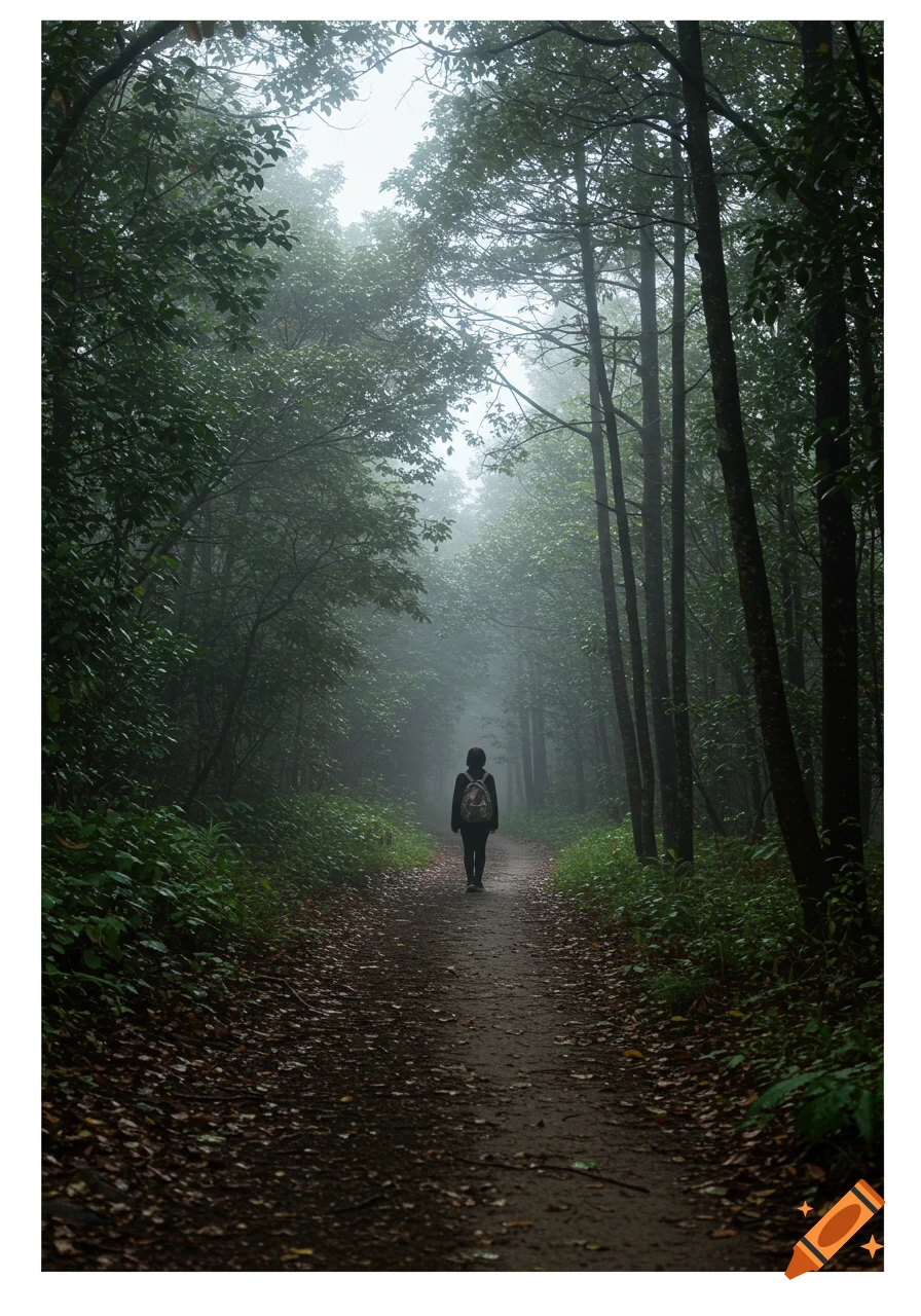 A person with a backpack walks down a misty forest path lined with trees and fallen leaves.
