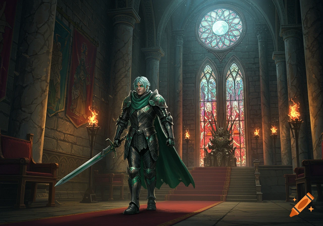 A knight with light blue hair in dark armor and a green cape walks with a sword in a grand throne room.