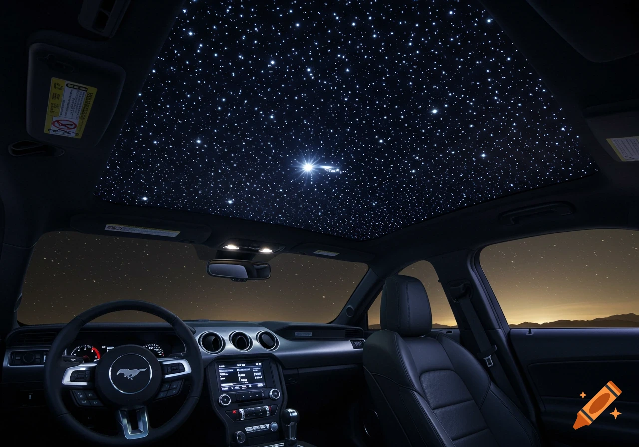 The luxurious interior of a black Ford Mustang, featuring a panoramic roof adorned with hundreds of small LED lights simulating a starry night sky.