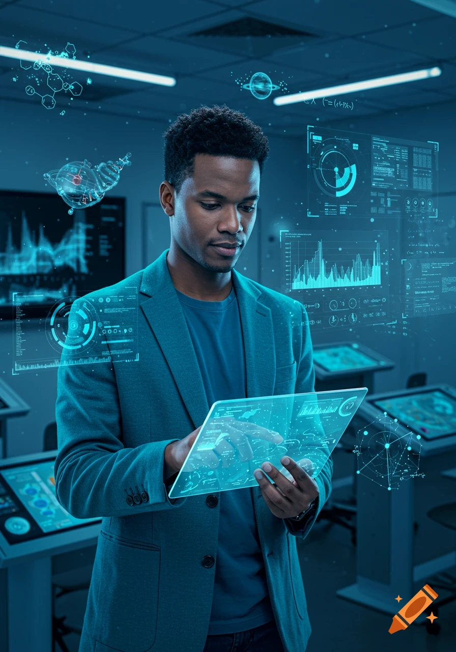 A man in a teal jacket interacts with holographic data displays and a transparent tablet in a futuristic lab.