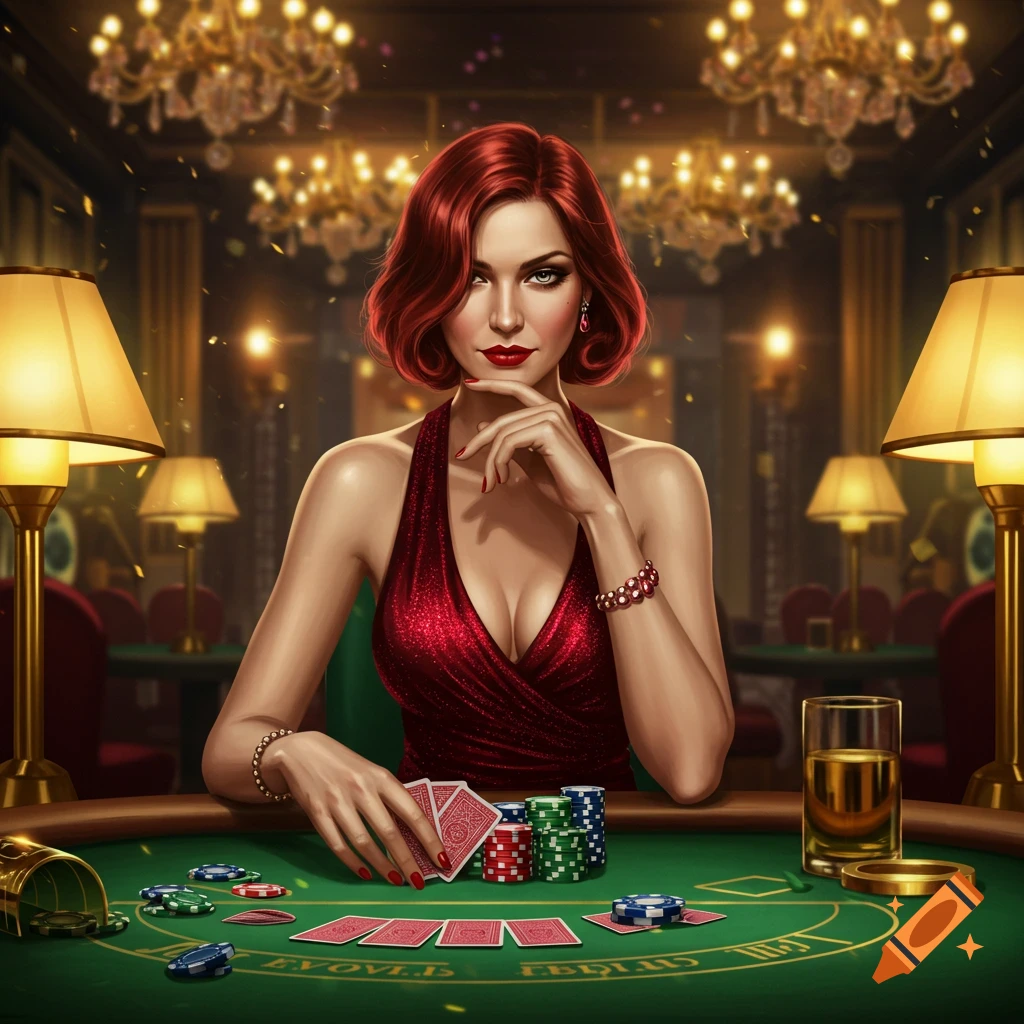 A glamorous red-haired woman in a red dress sits at a green poker table in a luxurious casino, holding cards and poker chips.