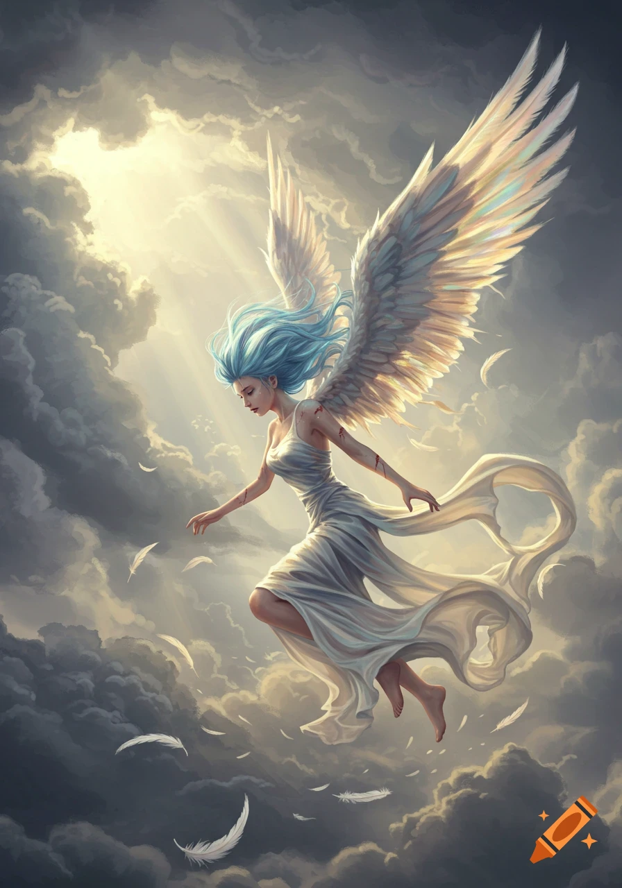 A light blue-haired angel in a white flowing gown falls through a cloud-filled sky with light rays breaking through.