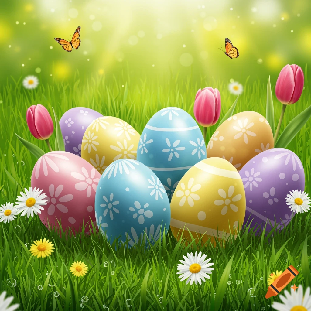 Colorful patterned Easter eggs nestled in green grass with pink tulips, daisies, and butterflies under a bright sky.