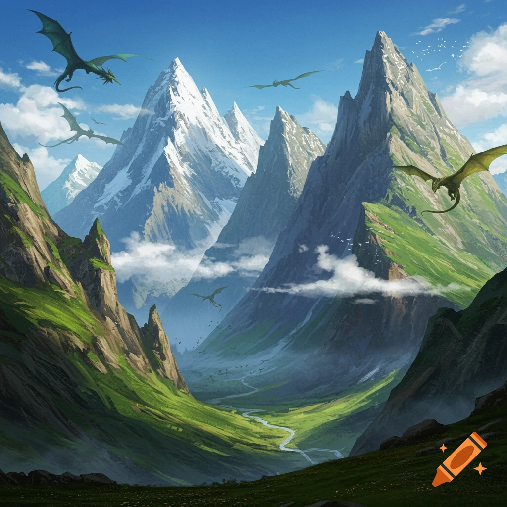 Majestic fantasy landscape with snow-capped mountains, green valleys, and dragons soaring under a blue sky.
