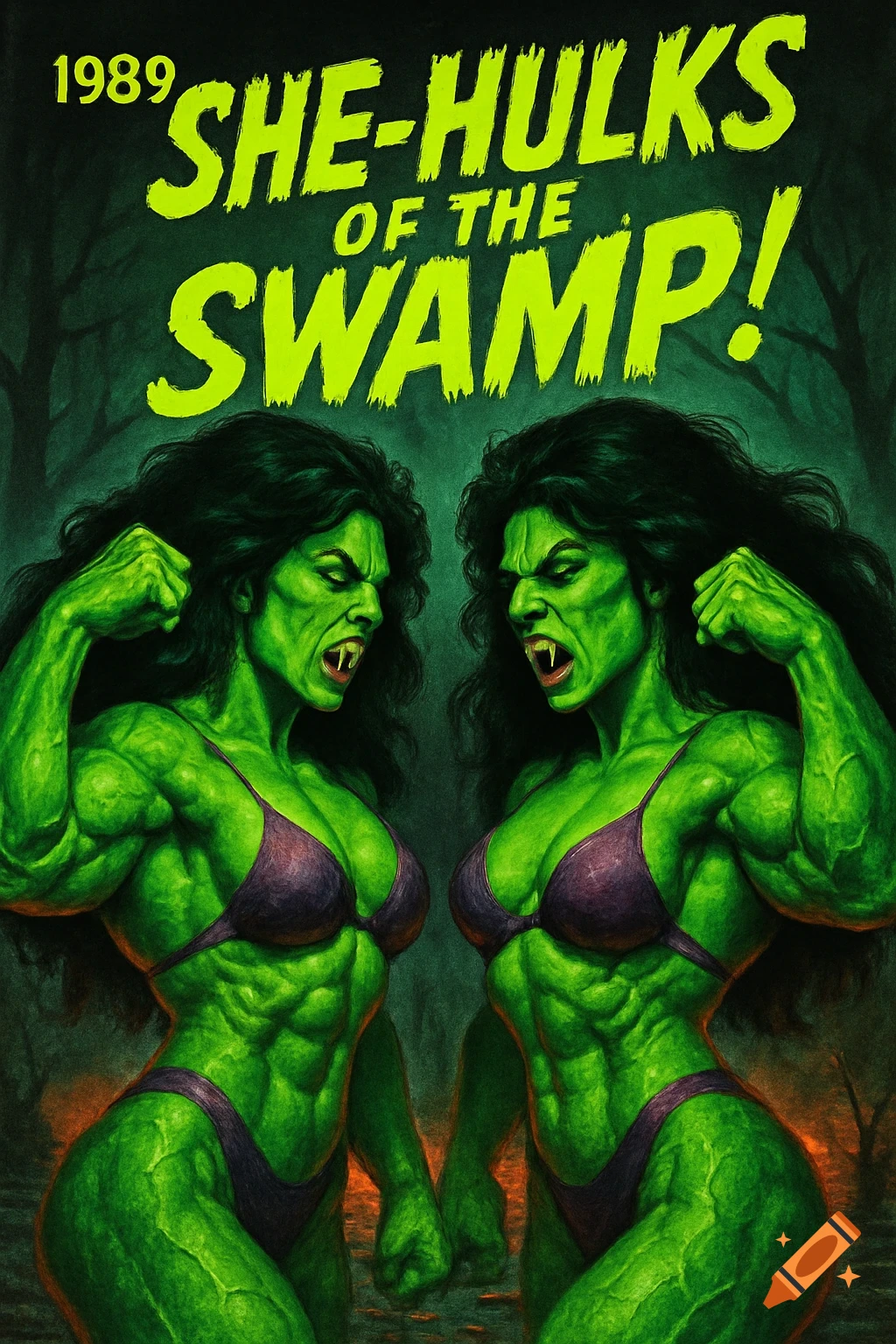 Movie poster for 'She-Hulks of the Swamp!' with two green, muscular, fanged women in purple bikinis flexing in a swampy forest.