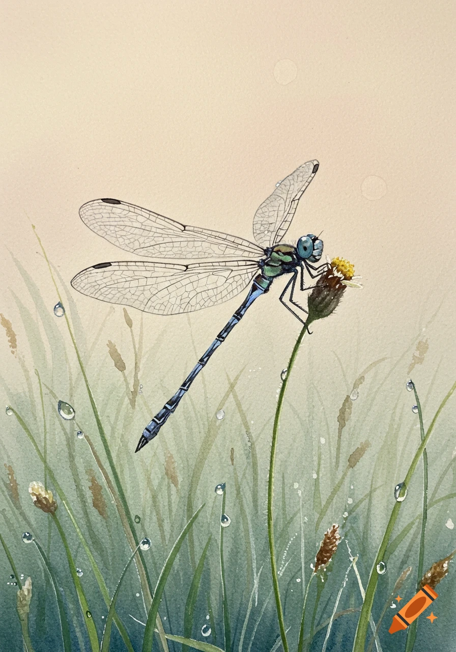 A vibrant blue and green dragonfly with clear wings rests on a brown and yellow flower amidst dew-kissed green grass in a watercolor painting.