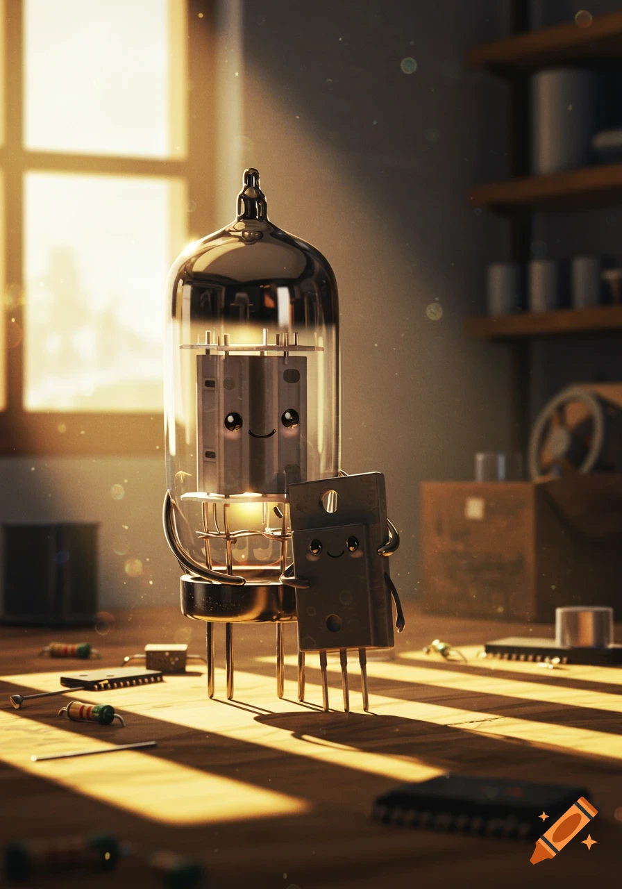 A cute, personified vacuum tube embraces a smaller transistor on a sunlit wooden desk scattered with electronic parts.