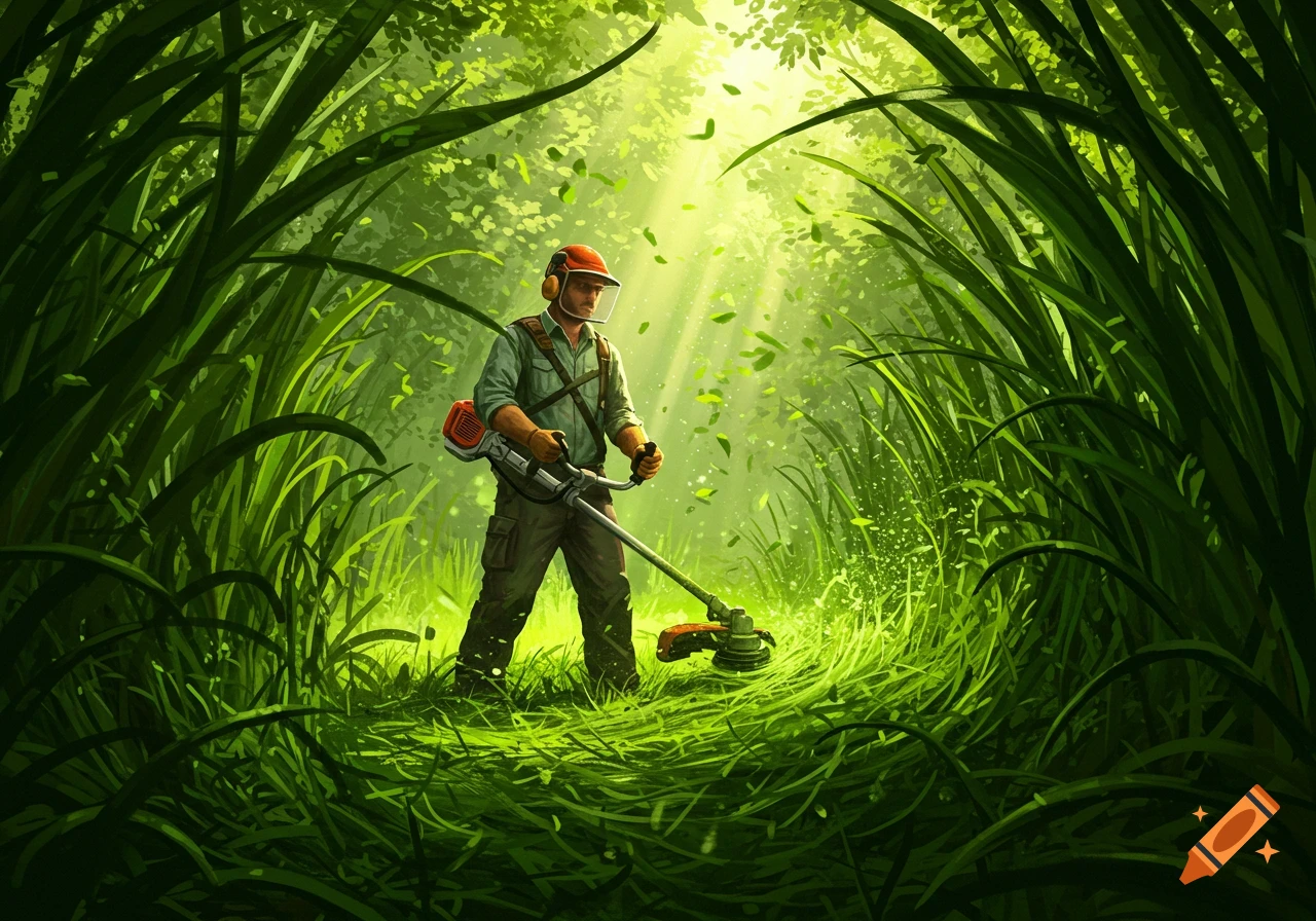 A man in safety gear uses a weed wacker to cut overgrown, tall green grass in a vibrant, illustrative style.