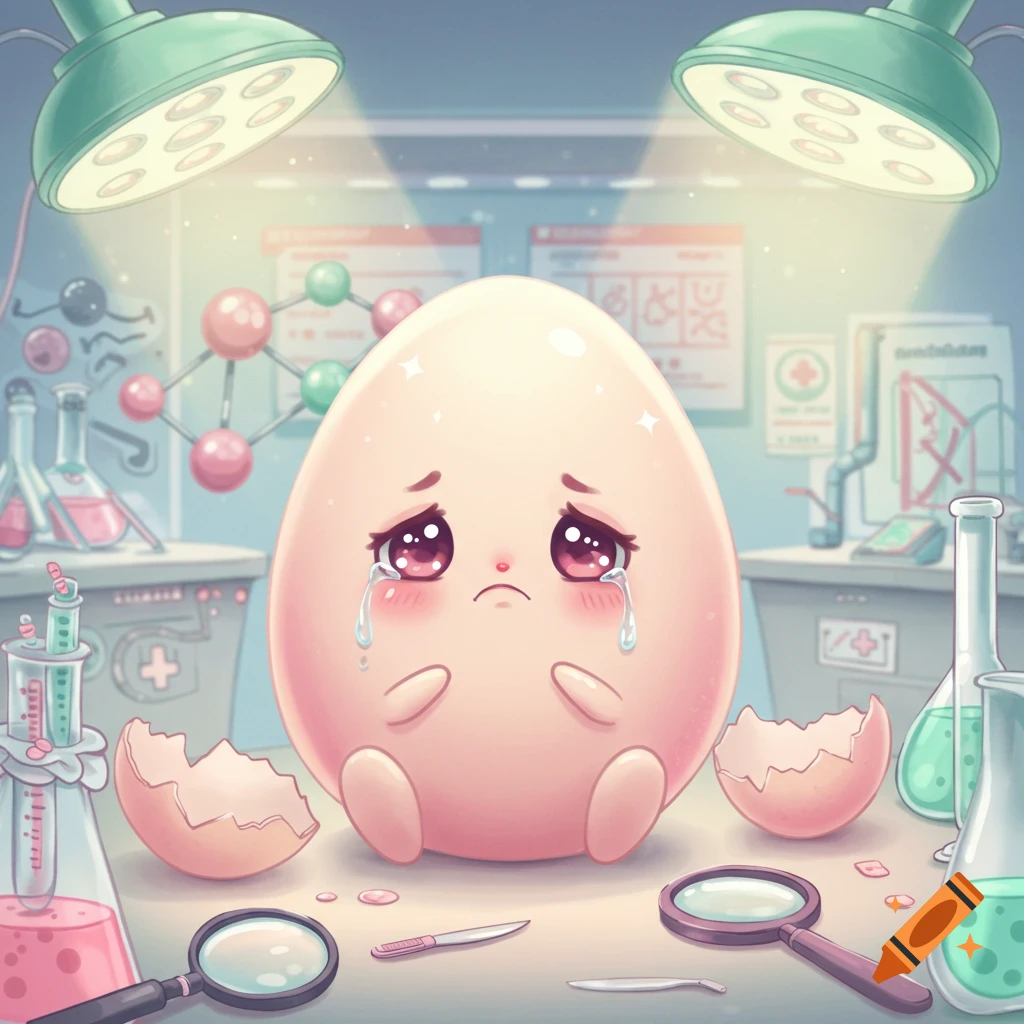 A sad, crying, cute cartoon egg sits in a laboratory with cracked shell pieces, surrounded by beakers and lab equipment under bright lights.