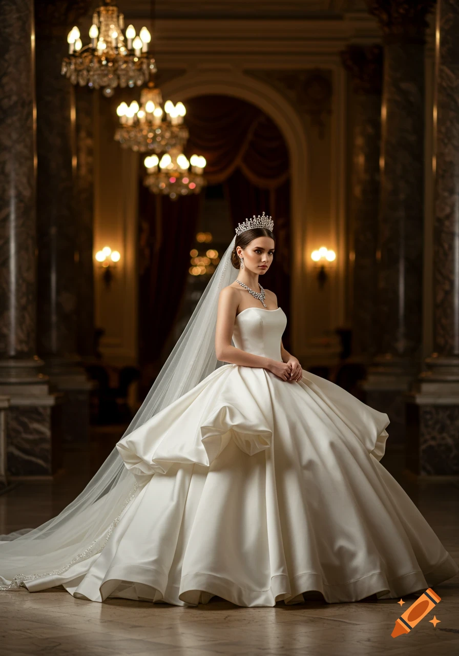 A woman in a white ball gown with a tiara and veil stands in a grand, richly decorated hall with chandeliers.
