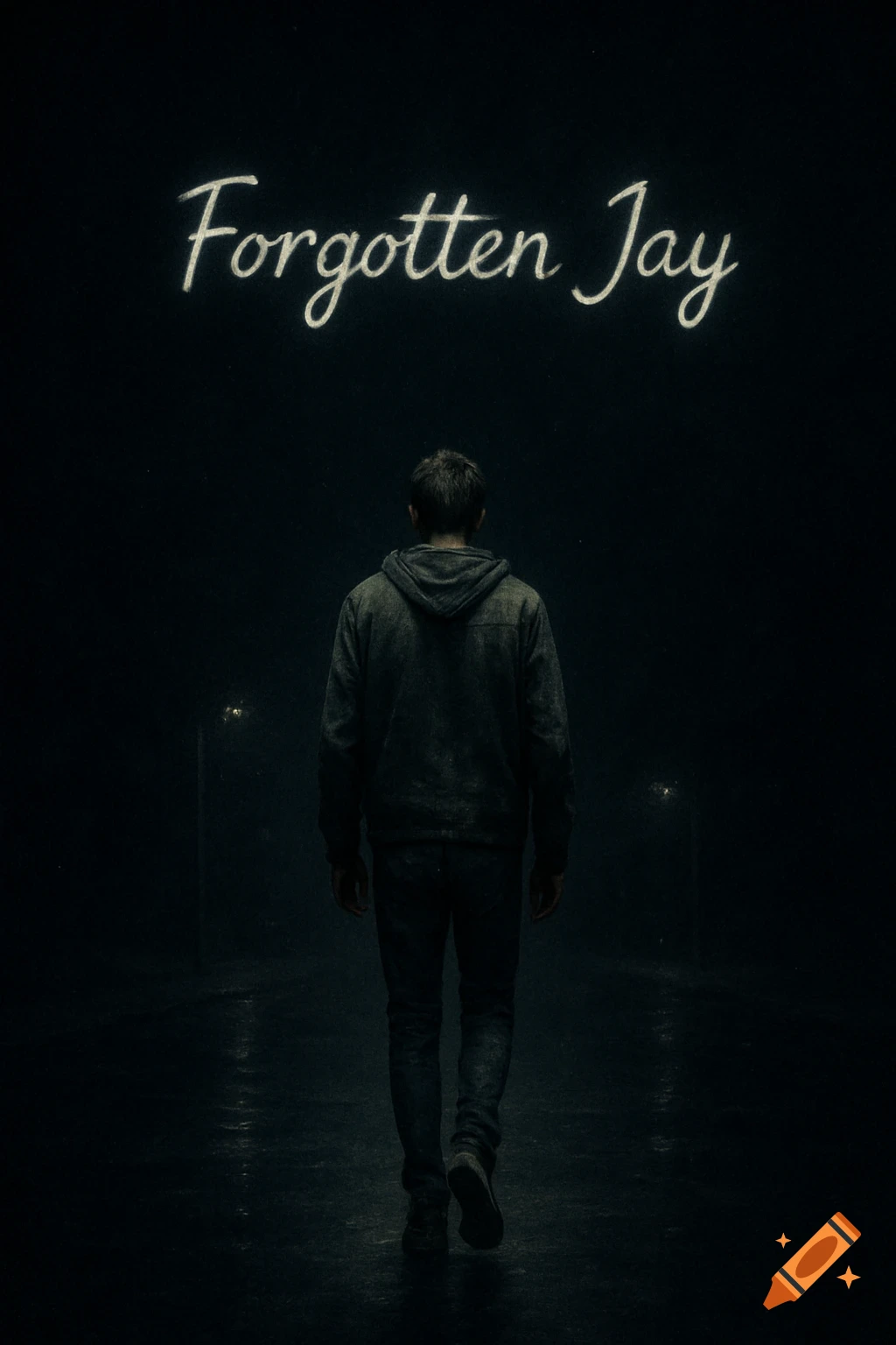 A man in a hoodie walks away down a dark, wet street under the script text 'Forgotten Jay'.