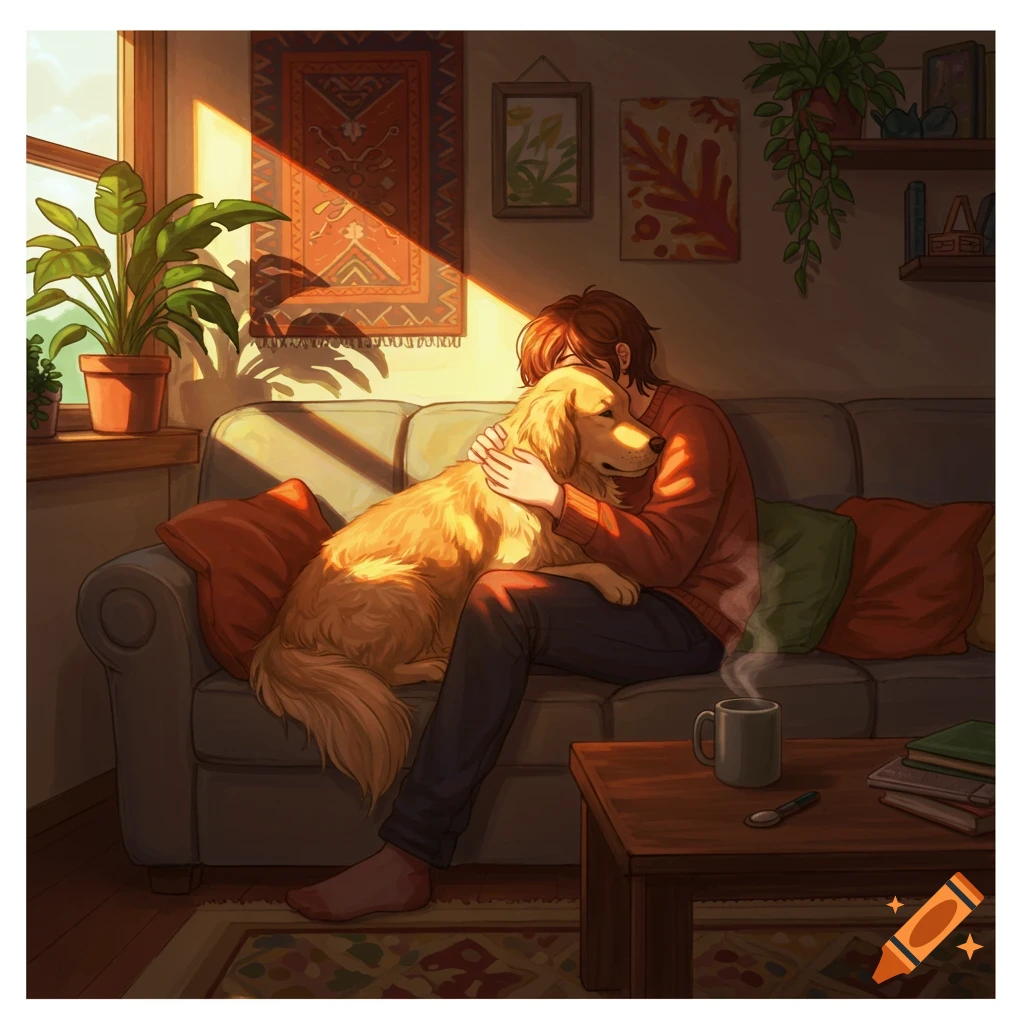 An illustration of a person hugging a golden retriever on a couch in a sunlit living room.