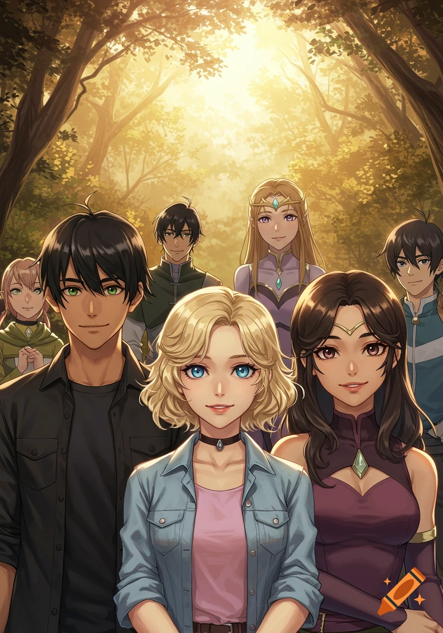 A group of anime-style characters, including men and women, smiling in a sunlit forest.