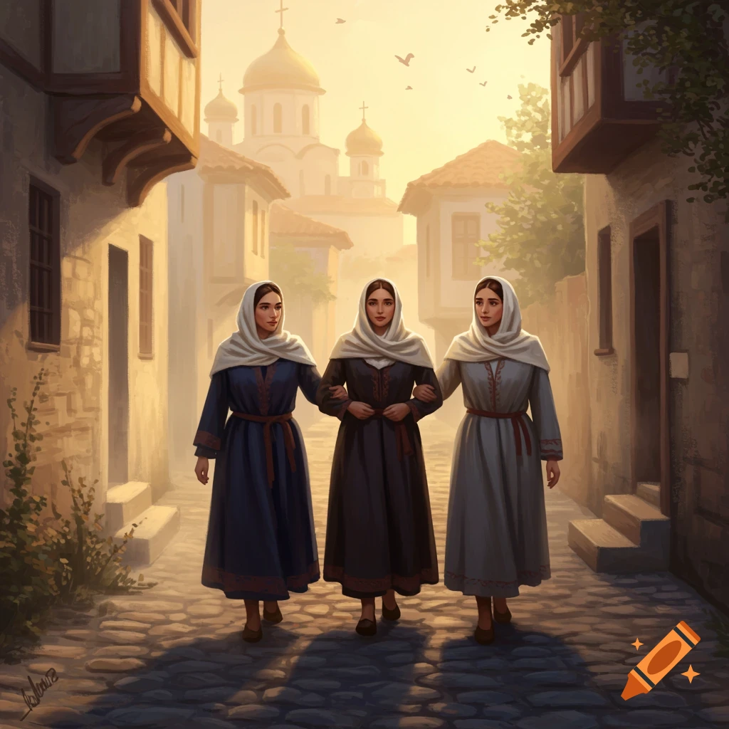 Three women in traditional dresses and headscarves walk on a cobblestone street with old buildings and a domed church at sunset.