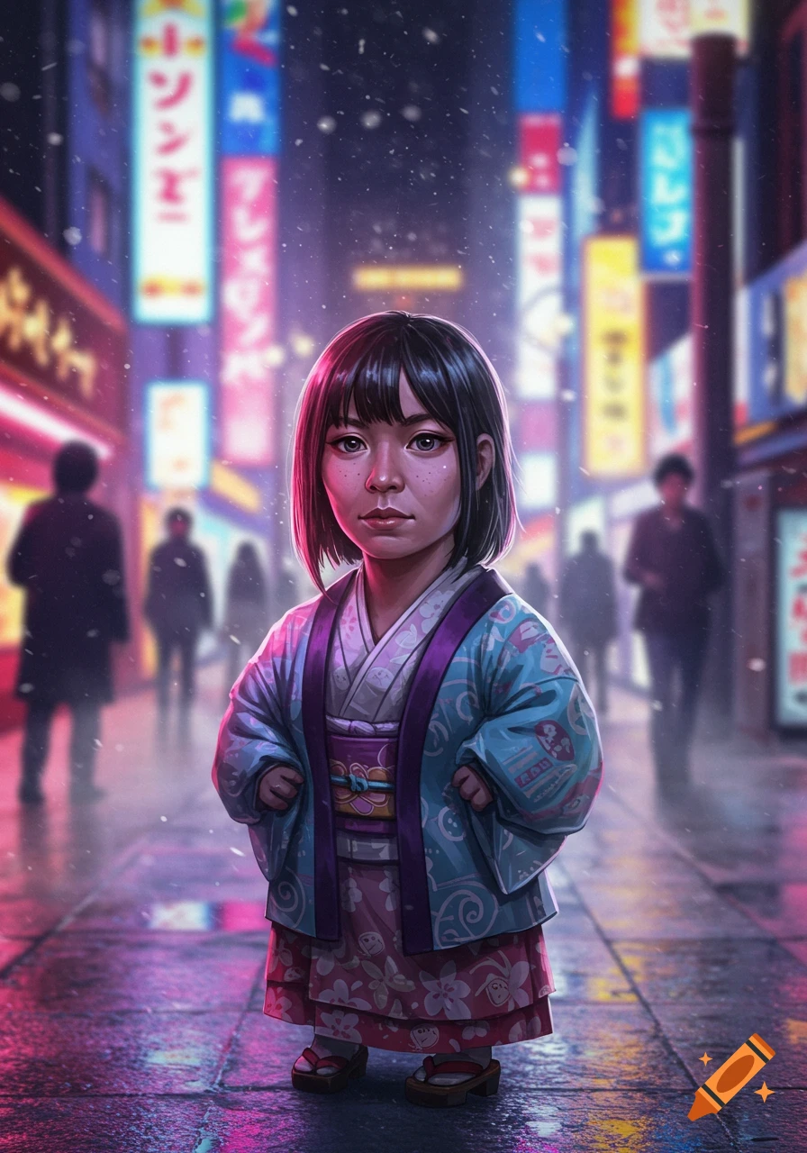A child-like figure in a blue and pink kimono stands on a wet, neon-lit Japanese city street at night, digital art.
