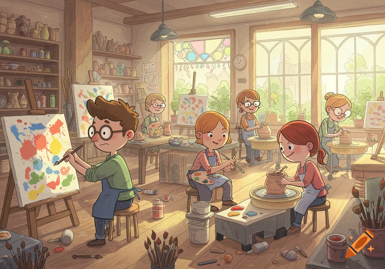 Cartoon illustration of children painting and doing pottery in a bright art studio with large windows.