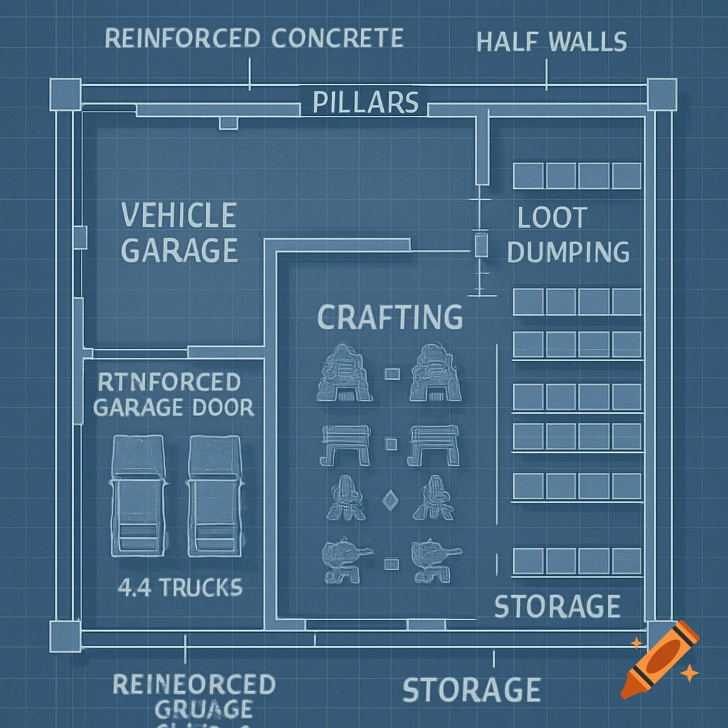A top-down blueprint schematic for a 7 Days to Die home base, featuring a vehicle garage with two trucks, a crafting area, loot dumping zone, and storage rooms.