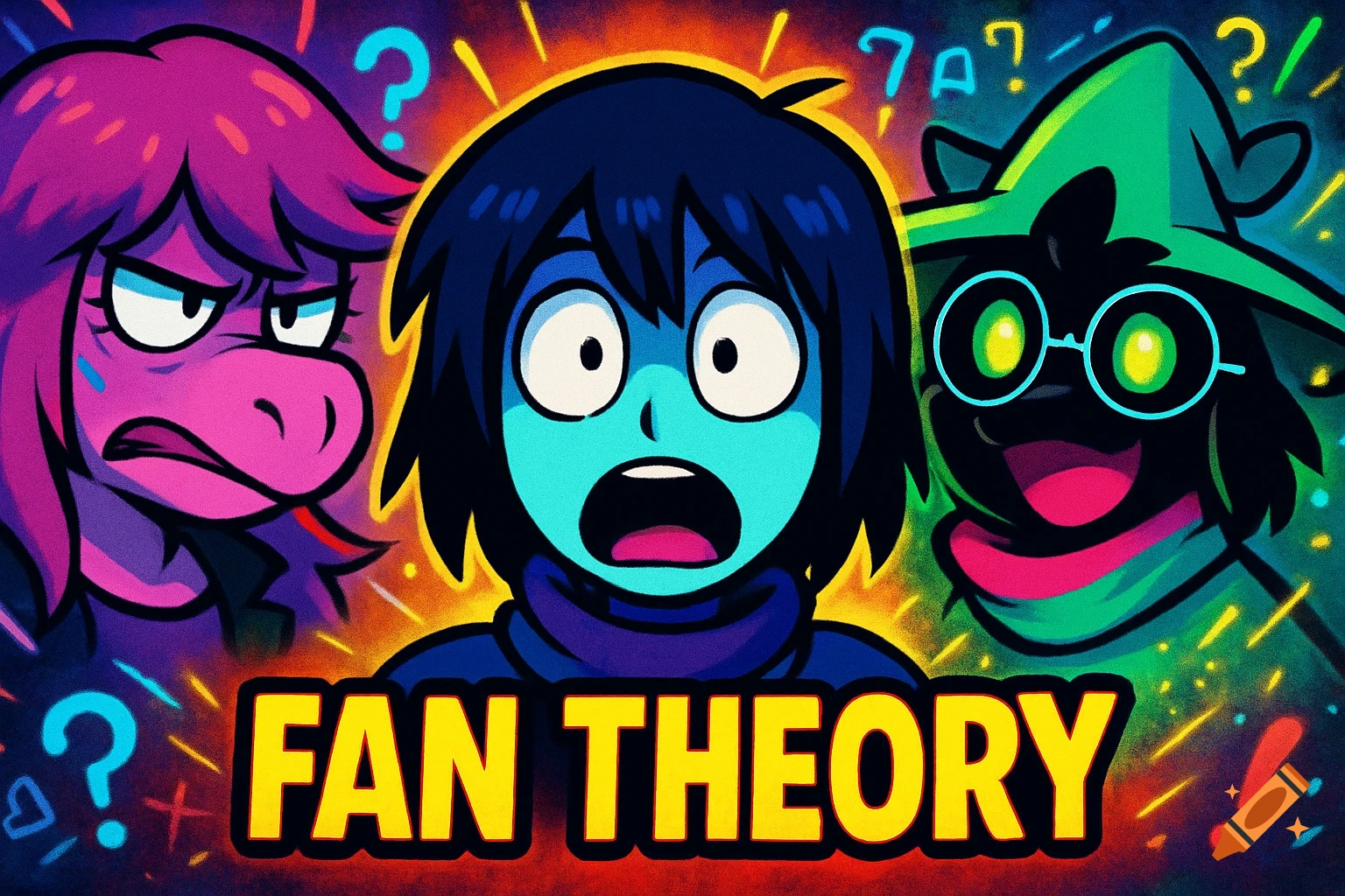 Vibrant cartoon image of three Deltarune characters, Susie, Kris, and Ralsei, reacting with shocked and confused expressions, with the text 'FAN THEORY' below them.