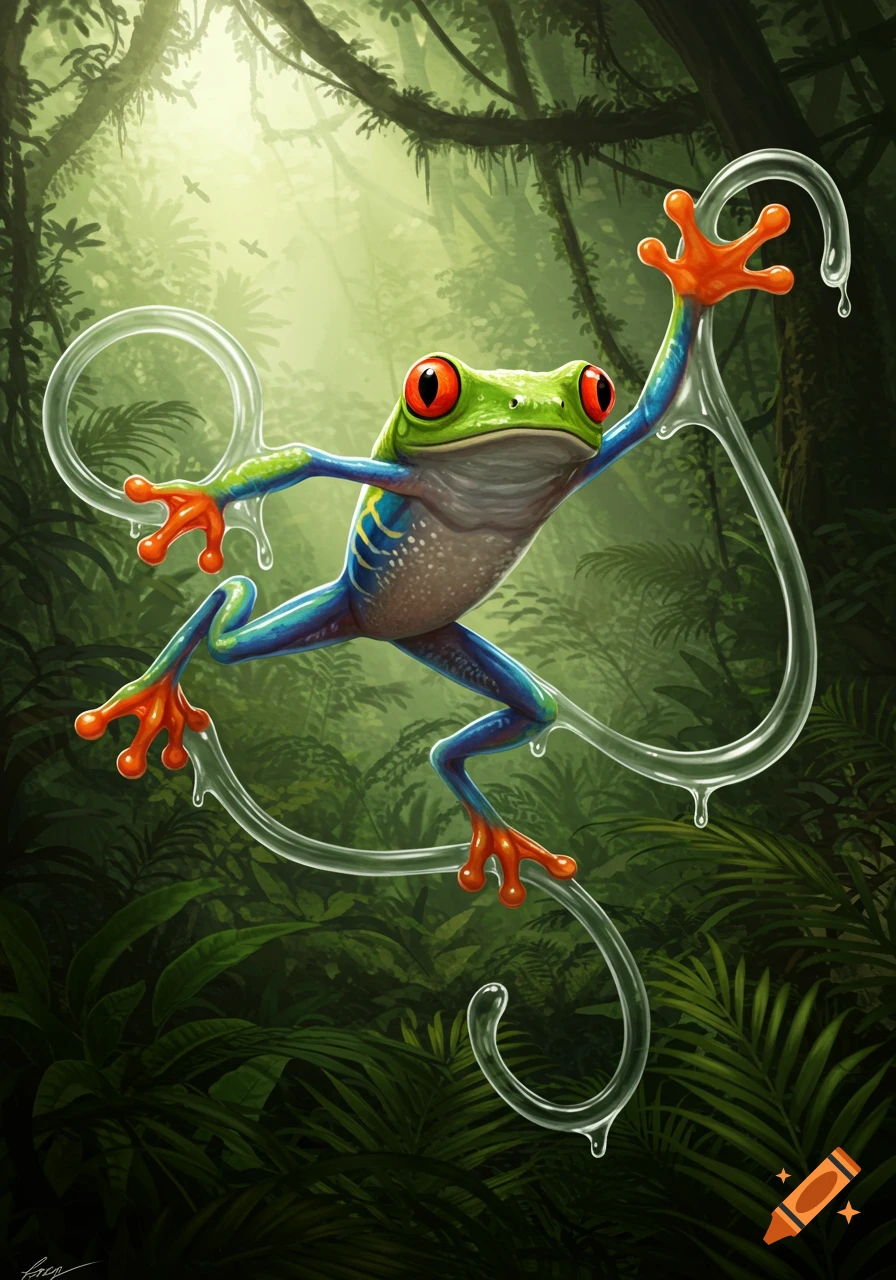 A vibrant red-eyed tree frog stretches its limbs, holding onto clear, gooey tendrils, in a lush, stylized jungle setting.